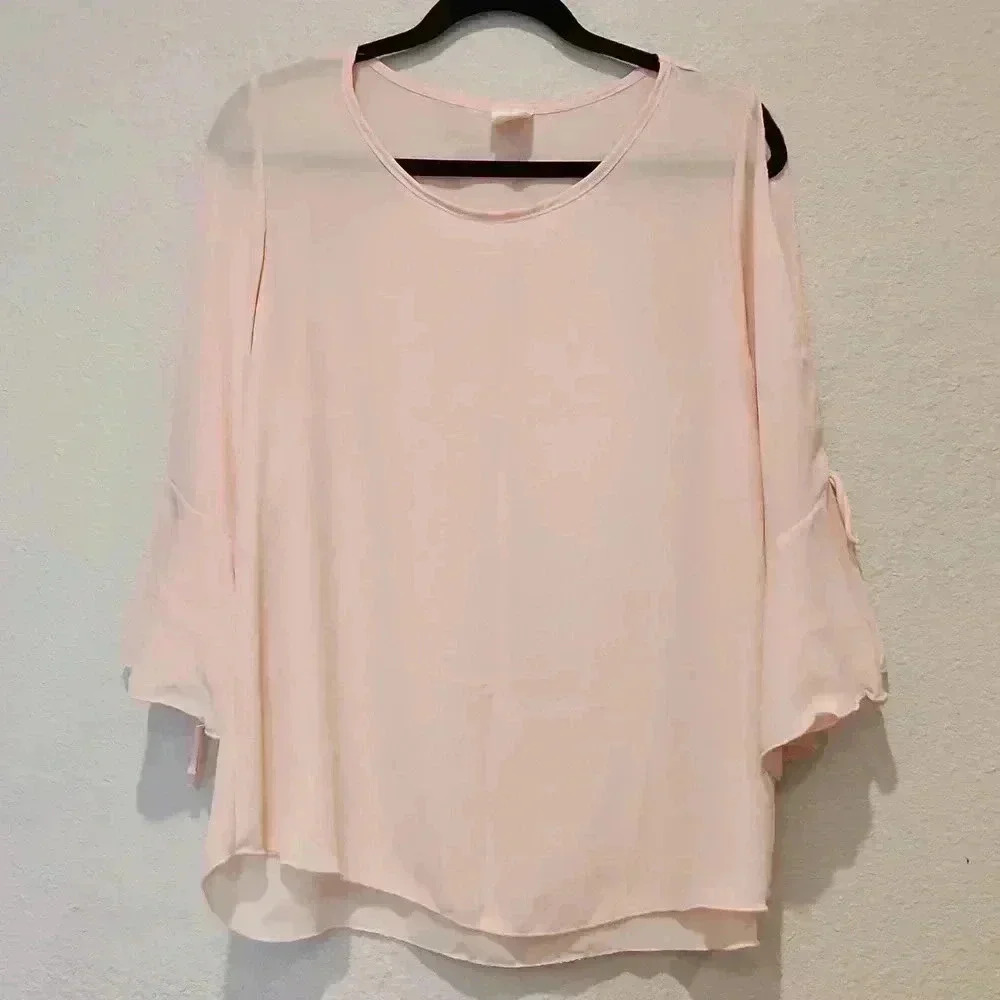 3/4 Sleeves Pink Blouse, Scoop Neck Top Size L